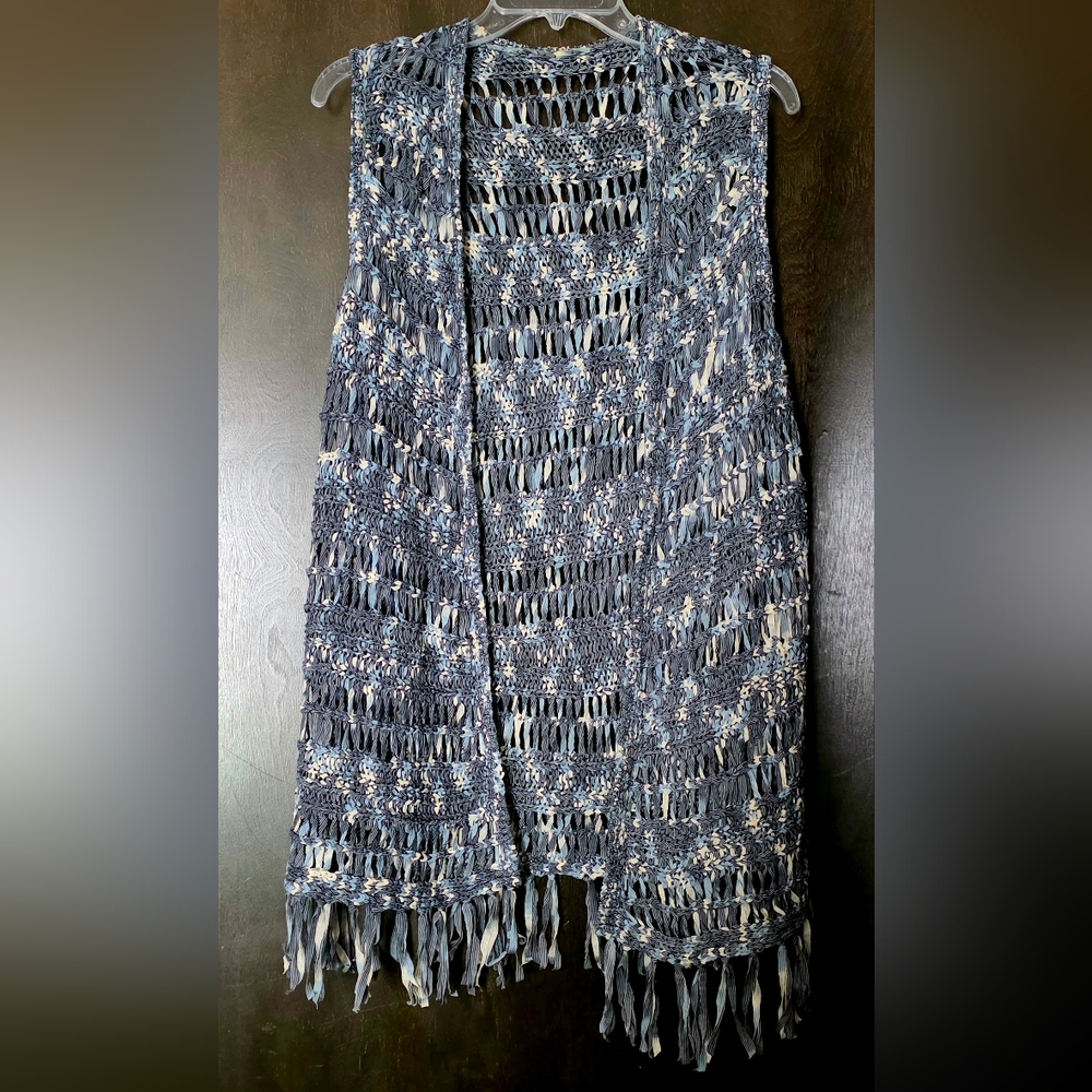 Chico's Women's Vest Duster Blue/Gray Nylon Open Front Knit Fringe Boho Size M-L - Picture 10 of 13